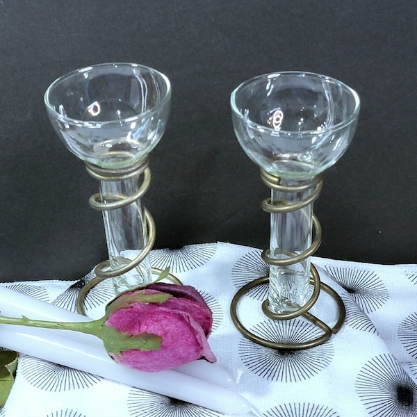 1970s Metal and Glass Candle Holders, 2 Rustic Metal and Blown Glass Candlestick Holders , Glass Beaker Candle Holders, *See Description