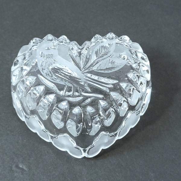 Vintage Hofbauer Byrds Crystal Trinket Box, Heart Shaped Bird Pattern Trinket Box, Vintage German Cut Crystal Trinket Box, (See Description)