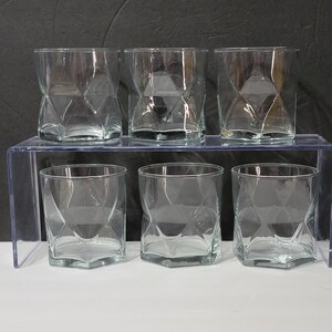 Mid-century Cera Glass Light Blue Tint Geometric Design Lowball Glasses, Set of 6 Vintage Lowball Cocktail Whiskey Glasses, *Description