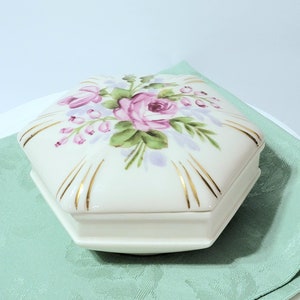 Mid-century Hand Painted Ceramic Pink Rose Design 6&quot; Trinket Bowl with Gold Tone Trim, Octagonal Shaped Rose Trinket Box w/Lid, *Description