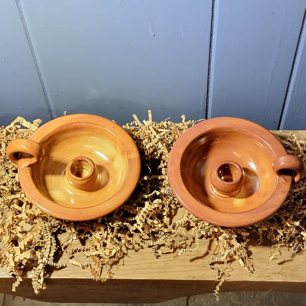 Vintage Wheel Thrown Pottery Candle Holders, Candle Holder Set of Two, Handmade Pottery Candle Holders with Handles, (See Description)