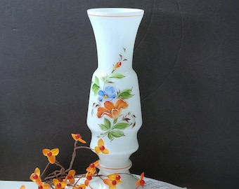 1992 Cased Glass Vase, White Cased Glass Vase, Russian Glass Vase, Floral Design White Vase, Tall Vase, Hand Painted Vase, *See Description