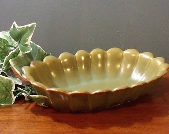 1960s Hyalyn Pottery Bowl, Olive Green Fluted Centerpiece, Mid-Century Modern Pottery, *Description Below
