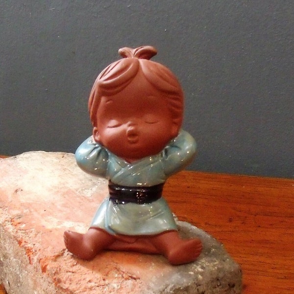 1970s Seto Japanese Girl Figurine, Redware Girl Figurine, Vintage Asian Child Figurine, Vintage Figurine Made In Japan, (See Description)