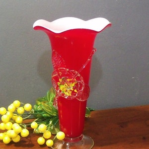 1920s Antique Red Blown Glass Vase, Blown Glass Vase with Applied Flowers, Cased Glass Antique Vase, Vintage Art Nouveau Vase, (Description)