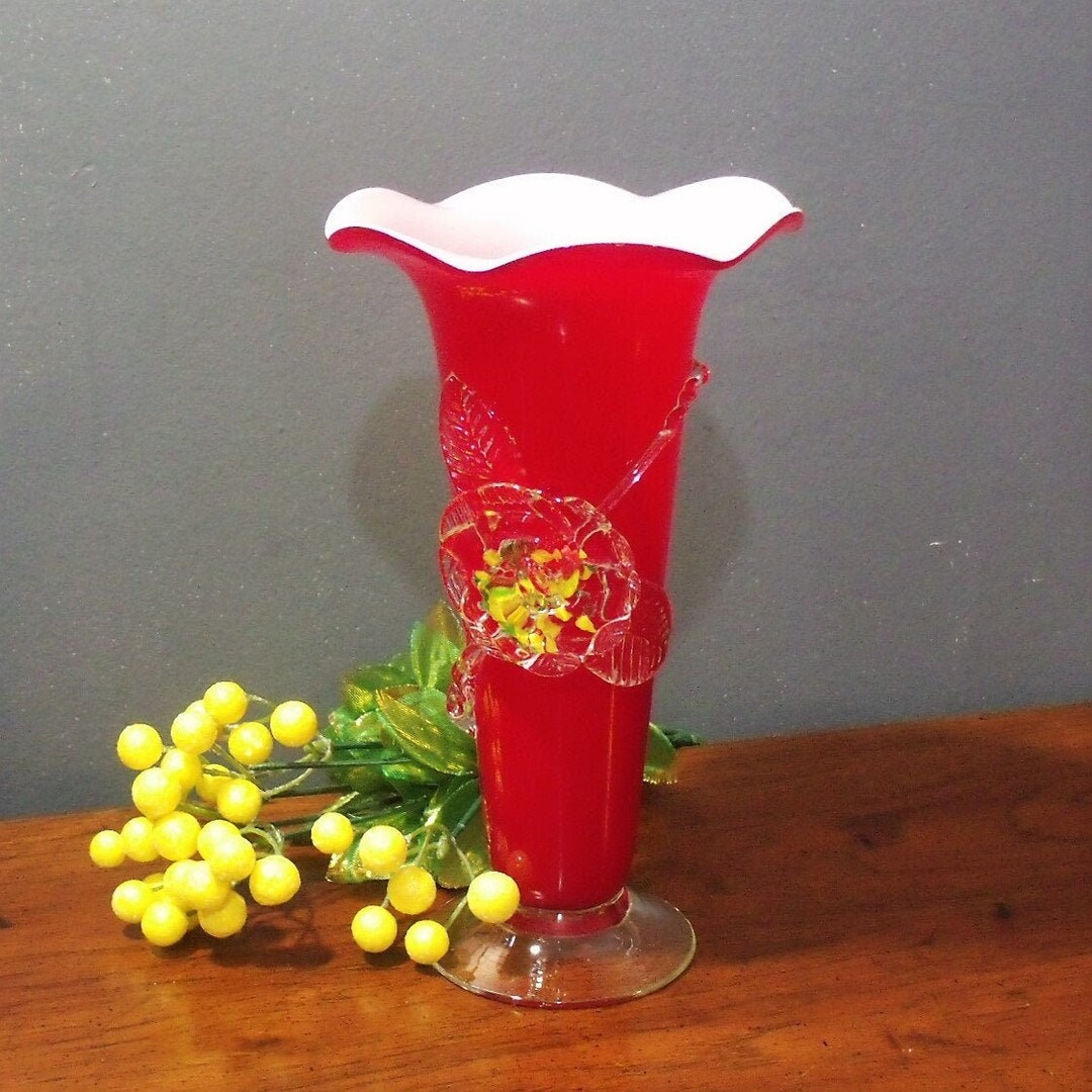 1920s Antique Red Blown Glass Vase, Blown Glass Vase With Applied Flowers, Cased Glass Antique