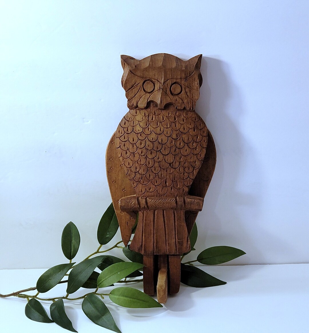 Midcentury Wooden Owl Wall Hanging, Hand Carved Articulating Owl Wall