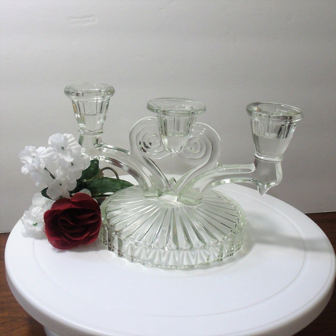 1940s Glass Candle Holder, Glass Cosmos Candle Holder, Three