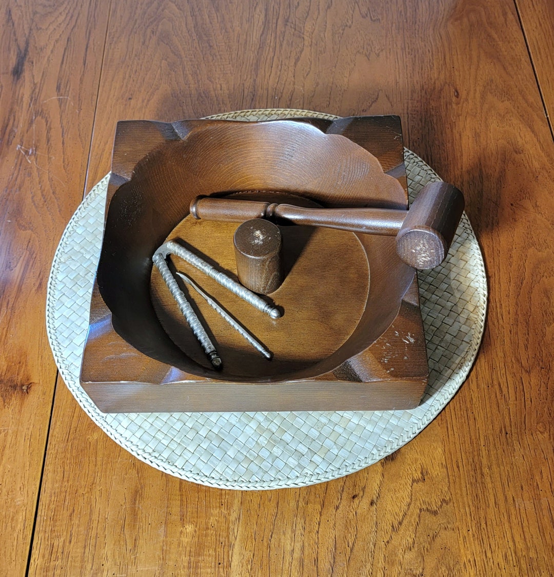 1960s Solid Wood Nut Bowl With Hammer and Tools, Rustic Nut Bowl, Mid