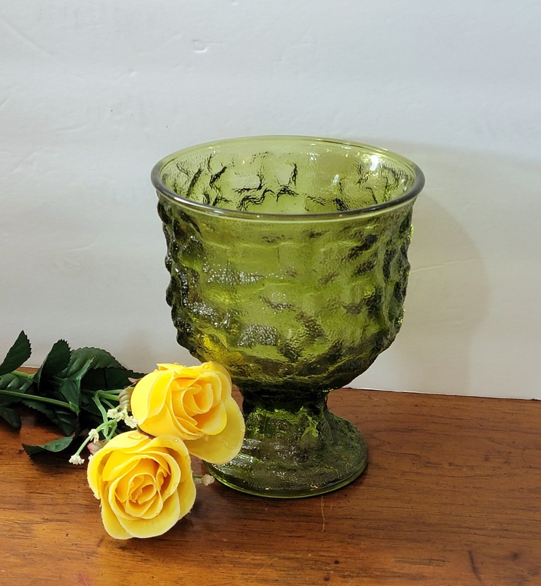 1960s EO Brody Green Vase, Midcentury Green Glass Vase, Footed Glass