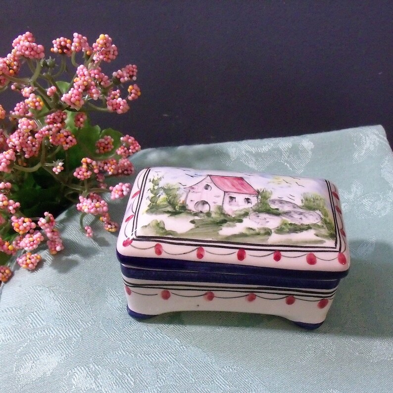 Mid-century Cottage Scene Trinket Box See Description Hand Painted Ceramic Trinket Dish Artist Signed Trinket Box Made In Portugal