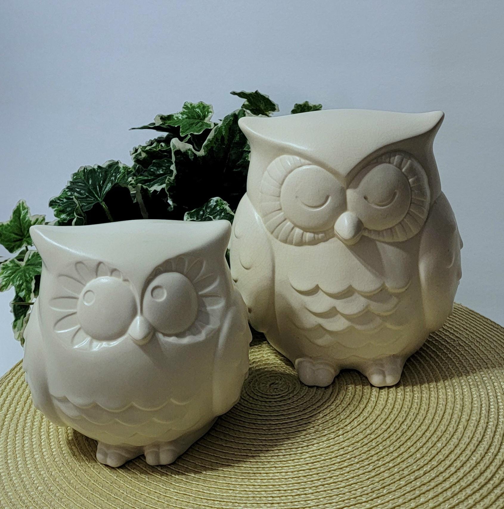 Vintage Hallmark Ceramic Owls,  Set of 2 Hallmark Off-white Ceramic Owl Statuettes, Large Ceramic Ow