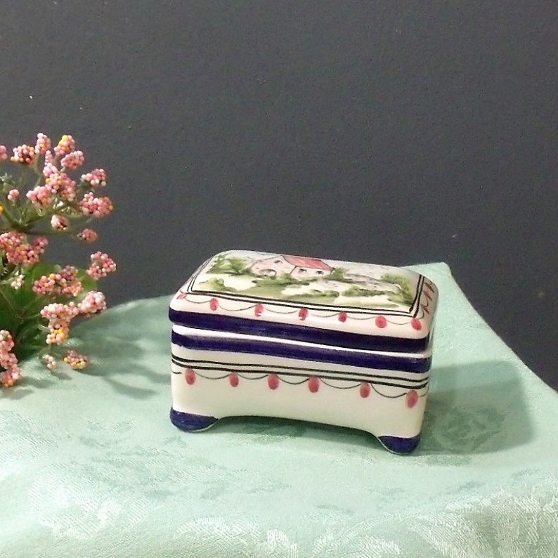 Mid-century Cottage Scene Trinket Box See Description Hand Painted Ceramic Trinket Dish Artist Signed Trinket Box Made In Portugal