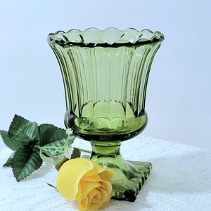 Mid-century Continental Canning Company Fluted Scalloped Edge Green Glass Compote, Vintage Avocado Green Glass Compote, (See Description)