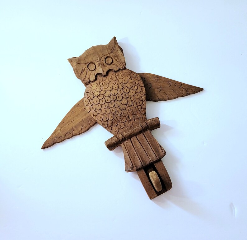 Midcentury Wooden Owl Wall Hanging Hand Carved Articulating Etsy