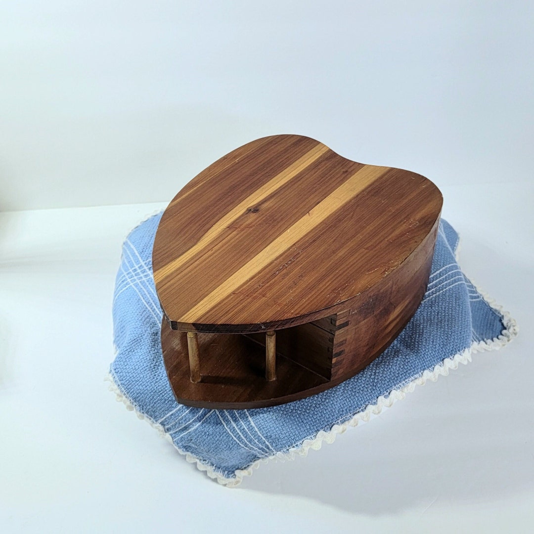 1940's Solid Wood Sewing Box, Handcrafted Sewing Box, Heart Shaped