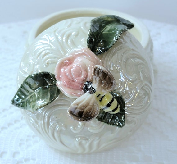 1970's Lustreware Trinket Dish, Bee On Rose Ceram… - image 1