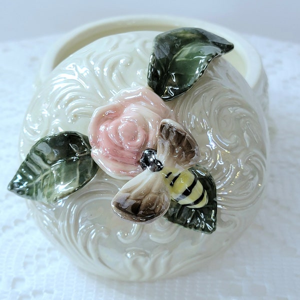 1970's Lustreware Trinket Dish, Bee On Rose Ceramic Trinket Dish, Vintage Powder Dish, Iridescent Trinket Dish, Honeybee Decor, *Description