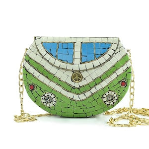 White Mosaic Bag With Brass Sun Flower Work Handmade Stone Inlay Clutch Evening Bag Boho Chic Etsy