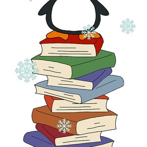 Pode incluir: Um pinguim de desenho animado est&aacute; sentado no topo de uma pilha de livros coloridos. Os livros est&atilde;o dispostos em uma pilha, com o pinguim no livro superior. H&aacute; flocos de neve caindo ao redor do pinguim e dos livros.
