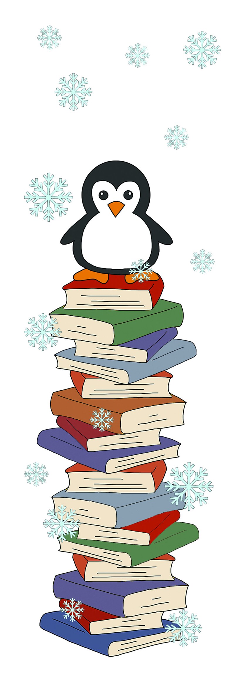 Pode incluir: Um pinguim de desenho animado est&aacute; sentado no topo de uma pilha de livros coloridos. Os livros est&atilde;o dispostos em uma pilha, com o pinguim no livro superior. H&aacute; flocos de neve caindo ao redor do pinguim e dos livros.