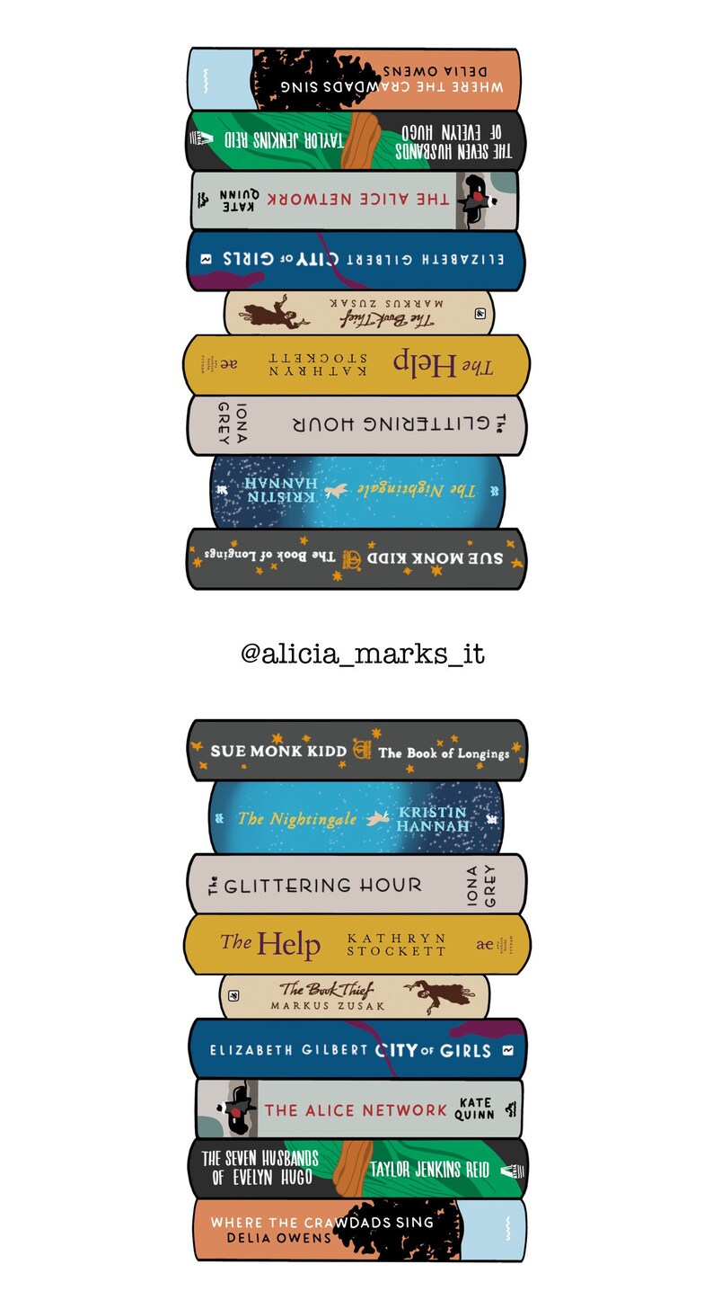 May include: A stack of 12 paperback books with colorful covers. The titles include "Where the Crawdads Sing", "The Seven Husbands of Evelyn Hugo", "The Alice Network", "City of Girls", "The Help", "Glittering Hour", "The Nightingale", "The Book of Longings", "The Book Thief", and "The Alice Network".