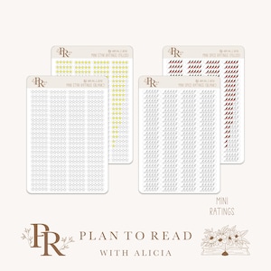 Peut inclure: Quatre feuilles d'autocollants avec différents symboles de notation. La première feuille a des étoiles jaunes remplies, la deuxième feuille a des étoiles vides, la troisième feuille a des piments rouges remplis et la quatrième feuille a des piments vides. Le texte "MINI RATINGS" est en bas de l'image.
