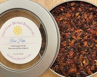 Té de escaramujo, té orgánico de hojas sueltas en lata, infusión de escaramujo, decocción de escaramujo