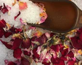 Romantic Rose Petal Bath Salts, Divine Love Bath Soak, Rose Bath Salts, Organic Rose Petals and Buds Handmade Bath Spa Salts, Rose Spa Gift