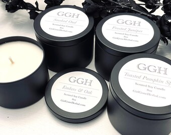 Black Scented Soy Candle Tin 8oz, Dark Academia Decor, Gothic Halloween Candle, Candle for Men, Witchy/Wizard Candle, Full Moon Candle