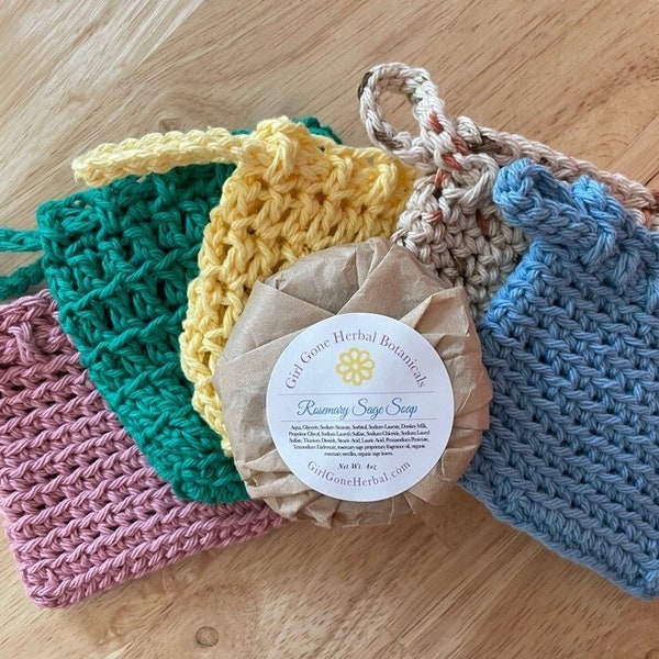 Cotton Crochet Soap Saver Pouch, Waste Not Knit Washcloth, Handmade Scrubbie, Bath Spa Gift, Hand-knitted Drawstring Pouch for Soap