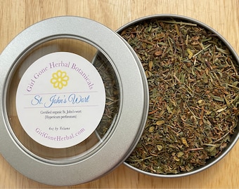 Hierba de San Juan, Té orgánico de hierba de San Juan, Hojas y flores de Hypericum perforatum, Infusión de hierba de San Juan, Lata de té de hierbas, Hierba orgánica