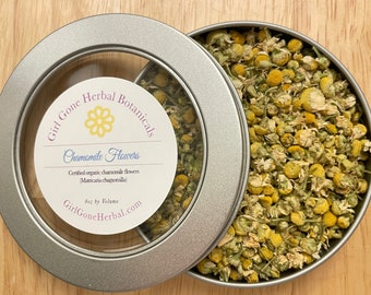 Kamille-Blüten-Kräutertee, Kamille-Aufguss, Kamille-Absud, Bio-Loseblatt-Teedose