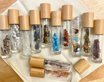 Crystal Roller Ball Aromatherapy, Chakra Roll On Fragrance, Gemstone Pocket Perfume, Botanical Perfume, Refillable Glass Bamboo Sustainable