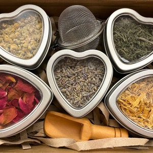 I Heart Herbs and Flowers Herbal Tea Sampler Box, Lavender/Calendula/Rose/Yarrow/Chamomile Tea, Send Flowers Tea Gift Box, Garden Lover Tea