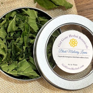 Könnte beinhalten: Eine runde, silberne Dose gefüllt mit getrockneten, grünen schwarzen Maulbeerblättern. Die Dose ist teilweise geöffnet und zeigt den Inhalt sowie ein Etikett mit der Aufschrift "Girl Gone Herbal Botanicals Black Mulberry Leaves". Die Blätter sind biologisch angebaut und getrocknet.
