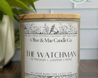 The Watchman: Coconut Soy Candle, Rain, Moss, Masculine, Wood Wick