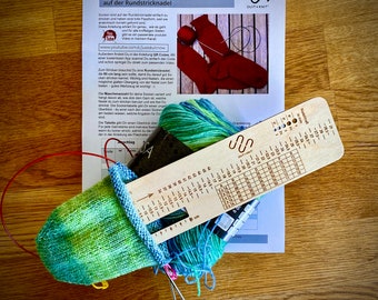 Duit & Knit sock ruler, 2 sizes, charts for casting on stitches, scale for gauge and needle size, made of wood - now in a new design