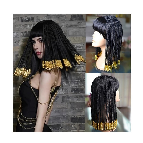 Black Cleopatra Straight Wig, Women Wig with Bangs, Black Short Braided Wig, Costume Performance Wig, Party Wig, Cosplay Wig, Character Wig