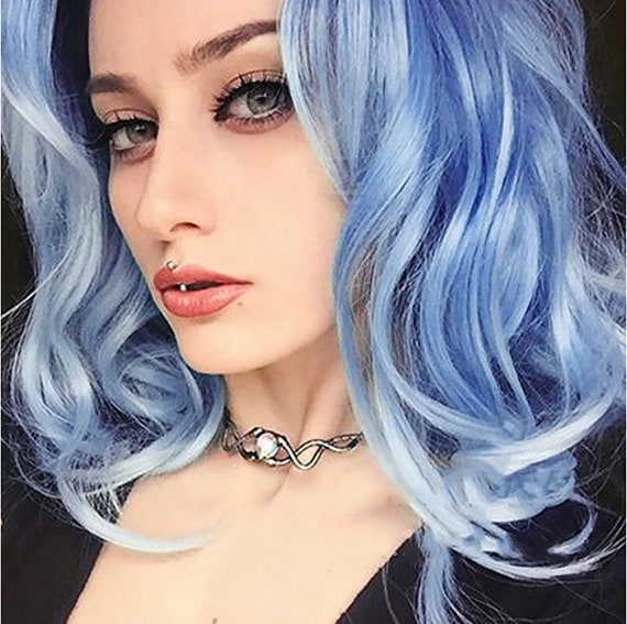 Gradual Blue Short Curly Hair Natural Curly Dark Root Ombre Etsy