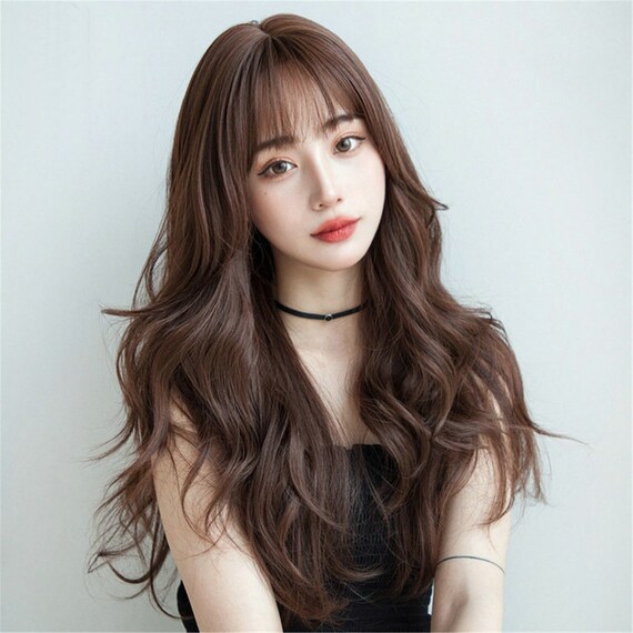 Korean Style Brown Long Wavy Wigs With Bangs Big Wave Wig for - Etsy Sweden