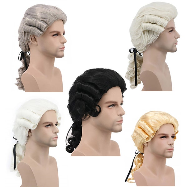 Colonial Male Wig, Male Baroque Cosplay, Halloween Masquerade Costume Hair, Multiple Color Options - White, Creamy-white, Gray, Black, Gold