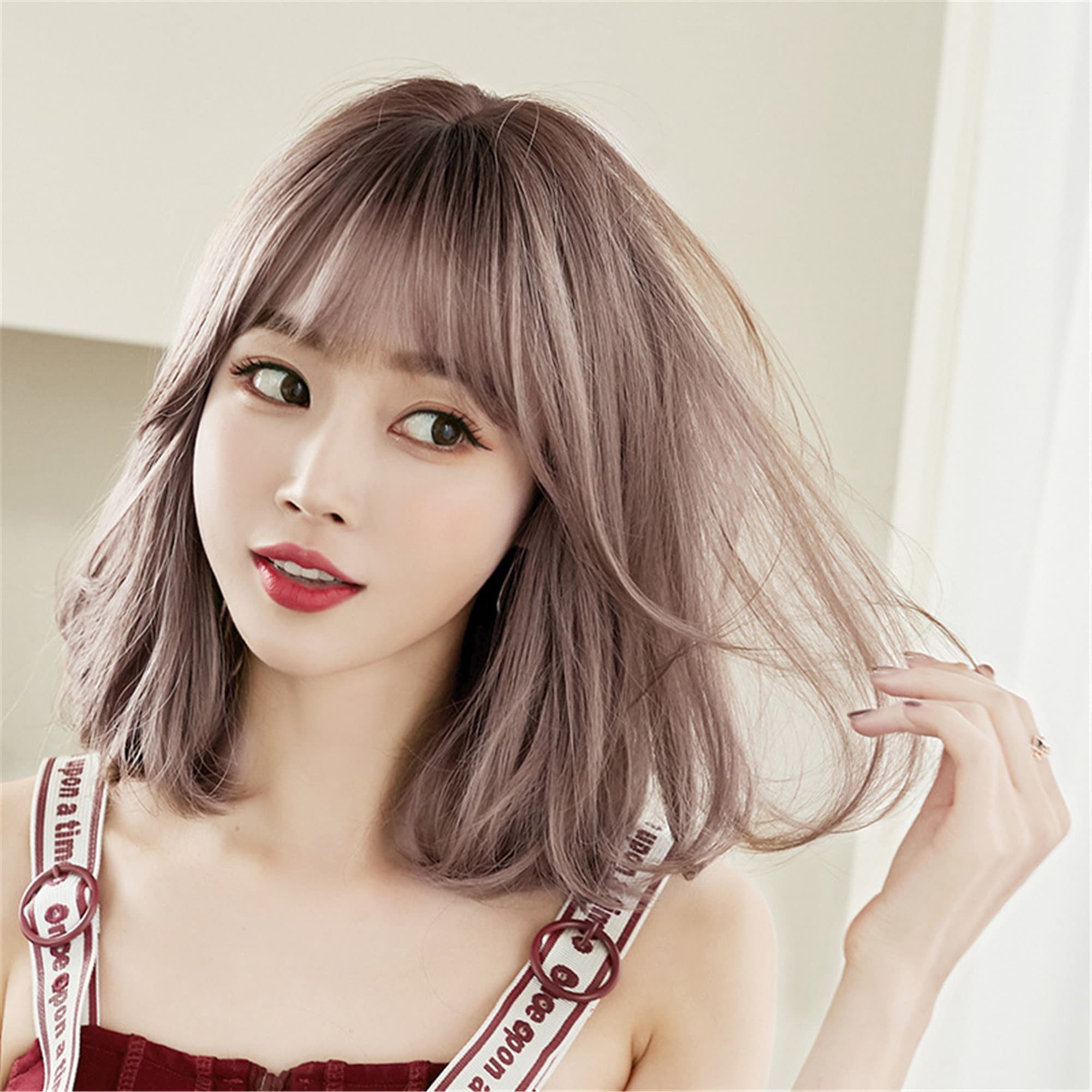 Linen Pink Gradient Wavy Wig With Bangs Women Pastel Fog Pink - Etsy