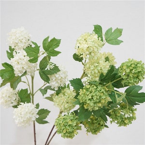 May include: A bouquet of artificial hydrangea flowers with white and green blooms. The stems are green and have leaves.