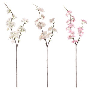 May include: Three artificial cherry blossom branches with white and pink flowers. The branches are long and slender, with delicate leaves.