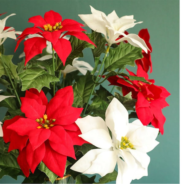 22.8" （Overall Length）2 Heads Poinsettia Christmas Flowers Artificial Faux Flower Home Decor Flower in 2 Colors