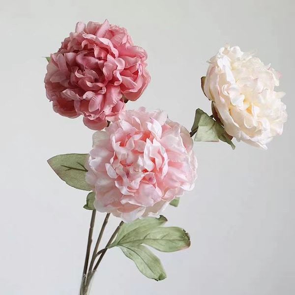 24.4"(Overall Length) Big Faux Peony with Curled Petals Artificial Faux Flower Garden Home Decor Flower in 3 Colors for Wedding ，Bouquet