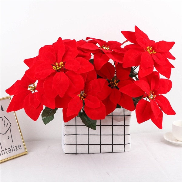 18"  Poinsettia Christmas Flowers Artificial Faux Flower Home Decor Flower in 3 Colors , 2 Style ( 5Heads , 7Heads )