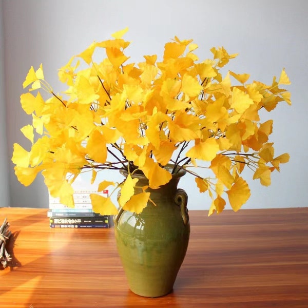 Fausse plante artificielle de branche de Ginkgo Biloba au toucher réel de 26,8 pouces (longueur totale) en 2 couleurs, plantes de décoration intérieure pour bouquet,