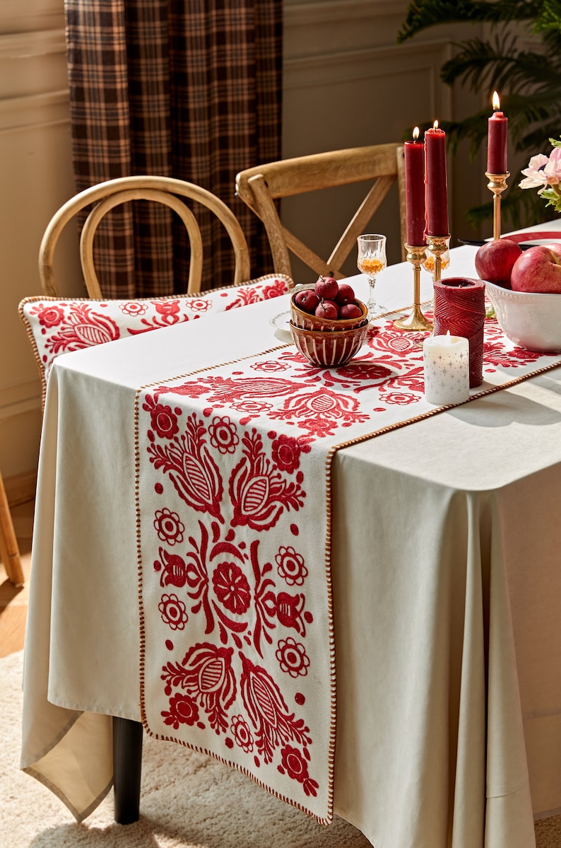 Christmas Red White Embroidery Cotton Thread Table Runner